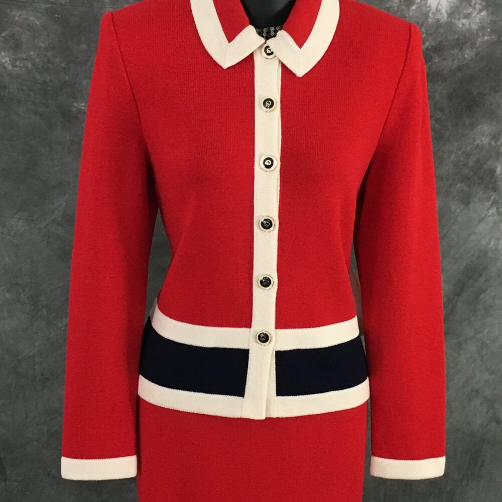 NWT NEW St John collection knit red white blue jacket skirt suit size 4 6 - Picture 4 of 9